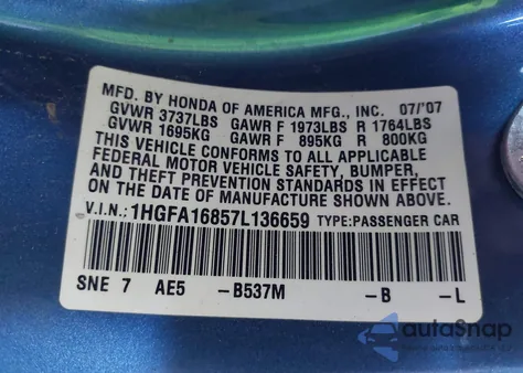 2007 Honda Civic Ex из США, поврежденный, VIN 1HGFA16857L136659